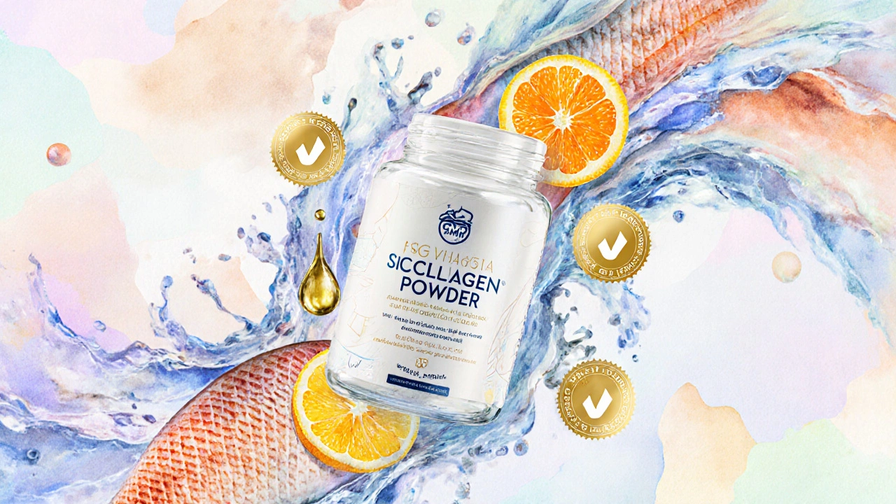 Ilustrace rybích šupin, vitamínu C a omega‑3 spojujících se do láhve kolagenu.