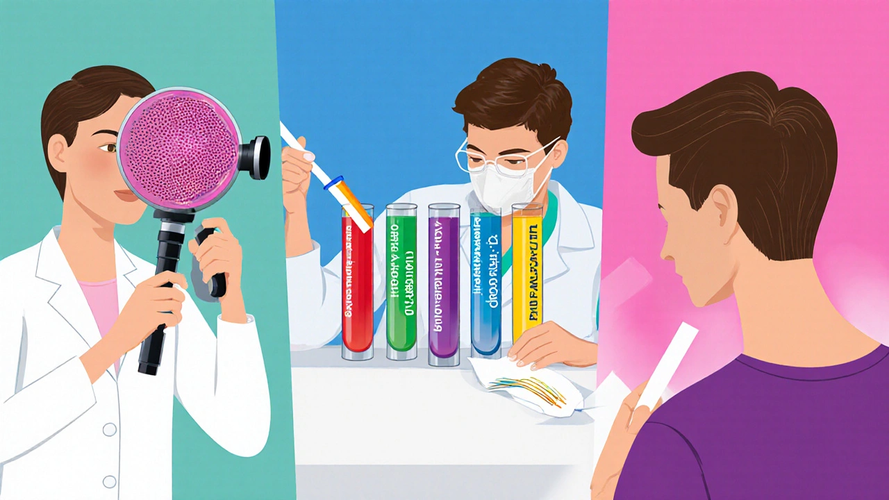 Ilustrace tří metod diagnostiky: dermatoskop, krevní test, domácí test.