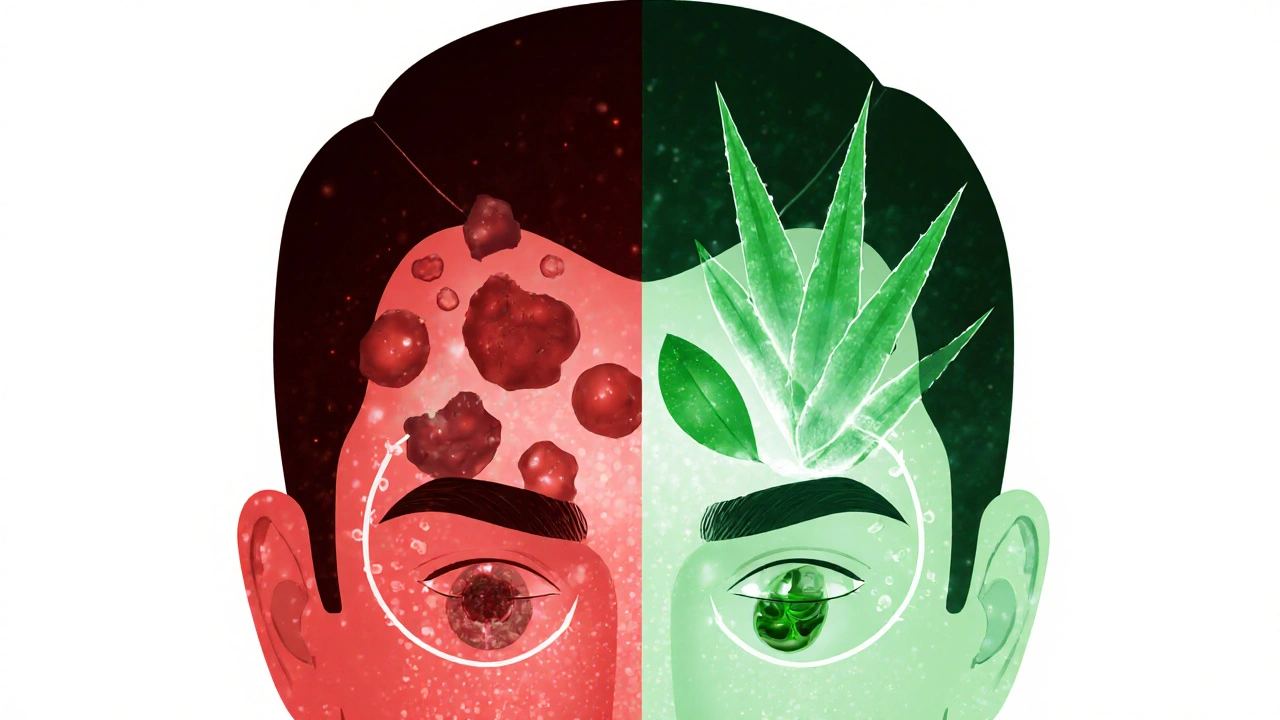 Konceptuální obrázek vyčištěné vs. zablokované vlasové pokožky s mikrobiomem a přírodními látkami.