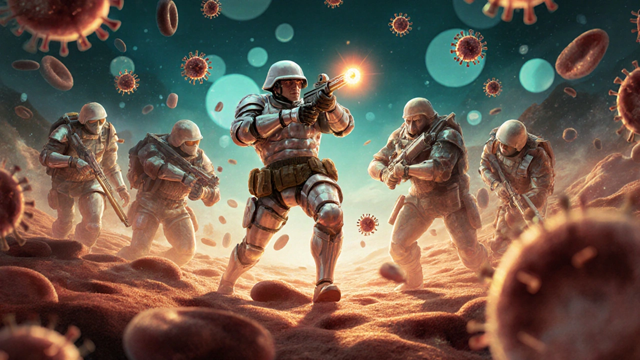 Mikroskopické bojovníky imunitního systému bojují proti virům v krevním řečišti.