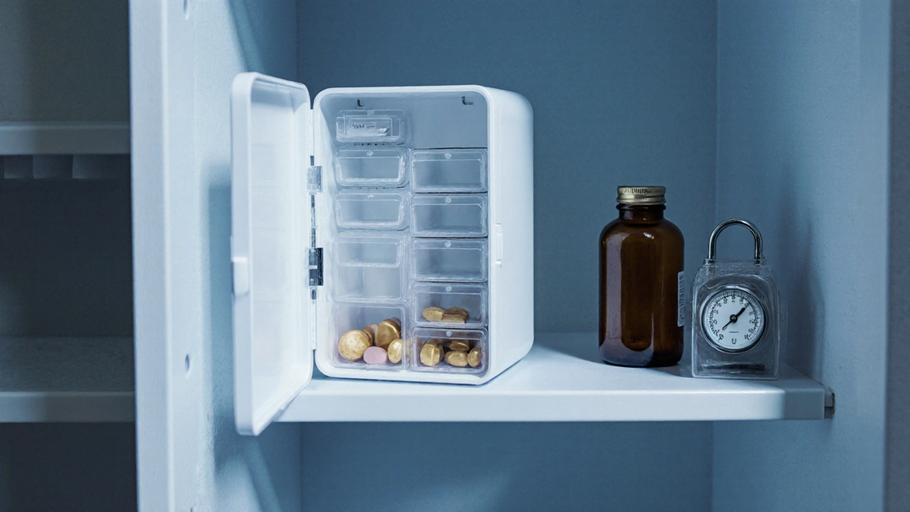 Organizovaná skladba multivitamínů v chladné, suché skříni s dětským zámkem.