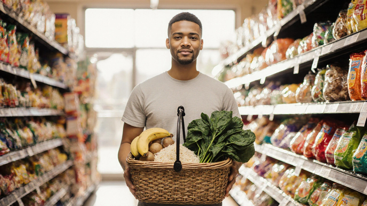 Osoba s košíkem základních potravin v obchodě, zpracované potraviny jsou rozptýlené pozadí.