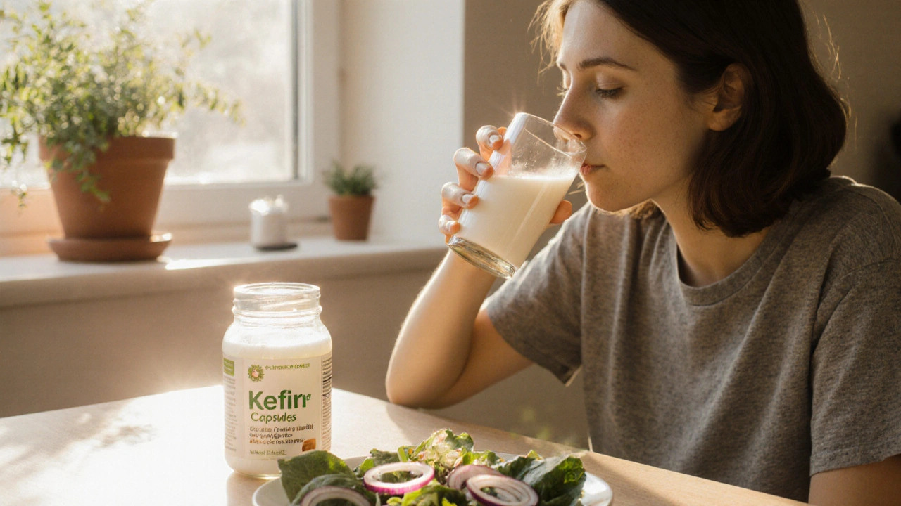 Ranní scéna s člověkem pijícím kefír a zdravými potravinami, pod slunečním světlem.