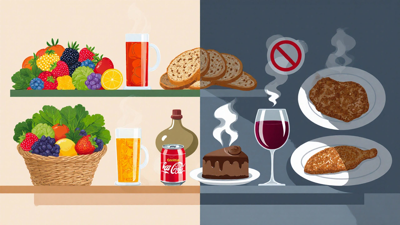 Rozdělený obrázek: zdravá jídla v barvách vlevo, nezdravé slazeniny, fast‑food a alkohol v šedých tónech vpravo.