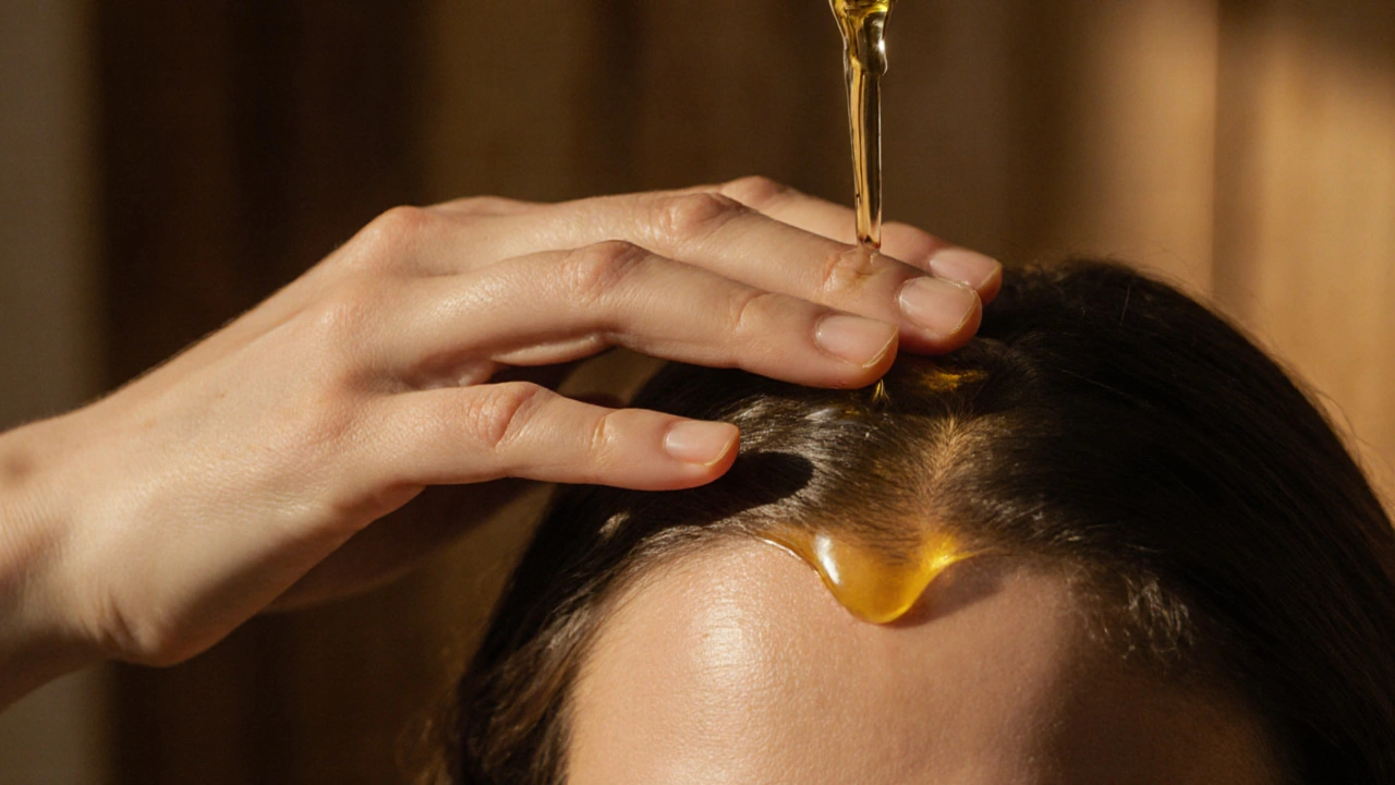 Ruka masíruje kůži hlavy jojobovým olejem, olej září na kůži při jemném osvětlení.