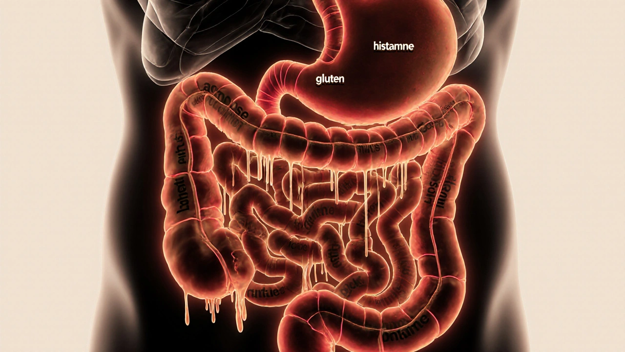 Schematický obraz trávicího ústrojí s označenými potravinovými intolerancemi jako pomalými úniky.