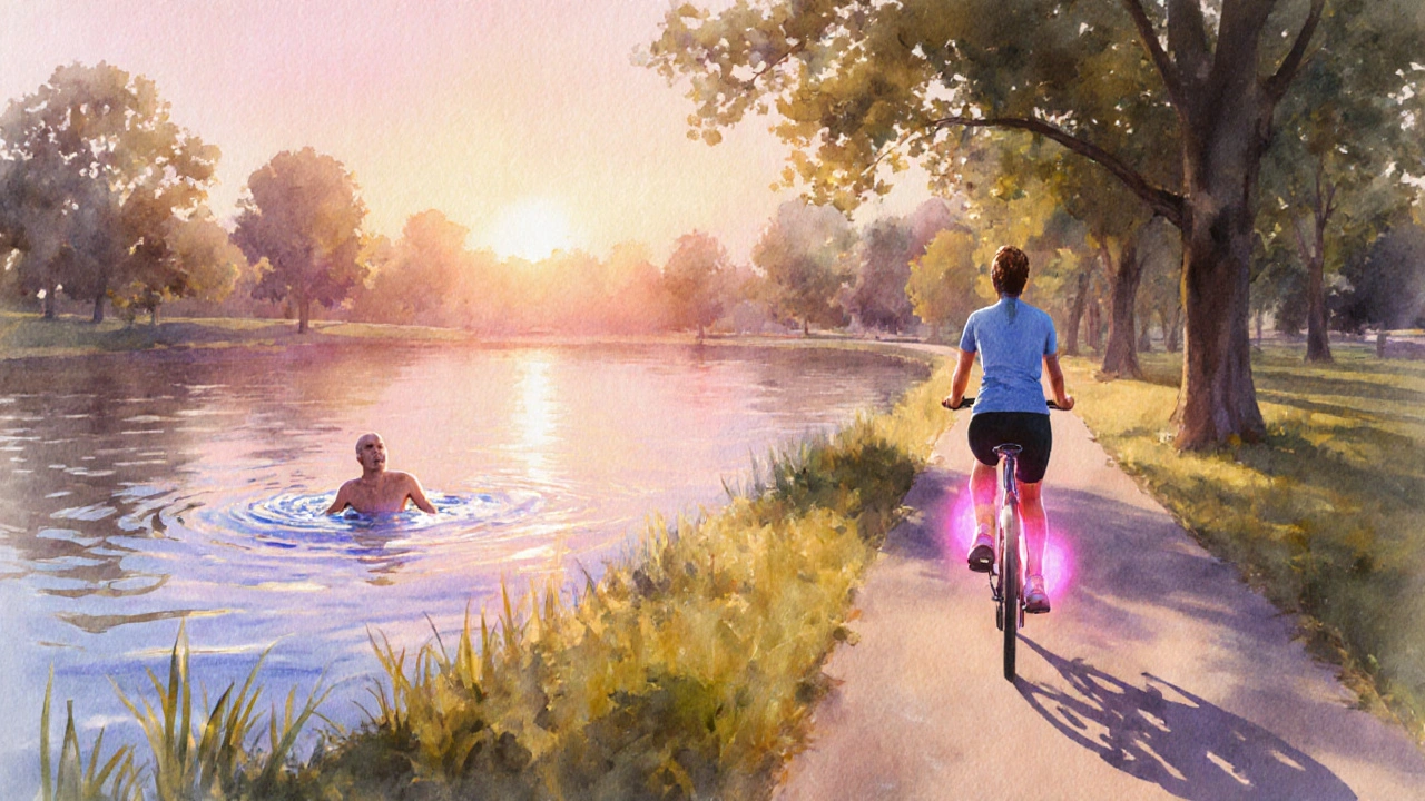 Sportovec plave a cyklistu, jejich klouby září zdravím díky pravidelnému pohybu a výživě.