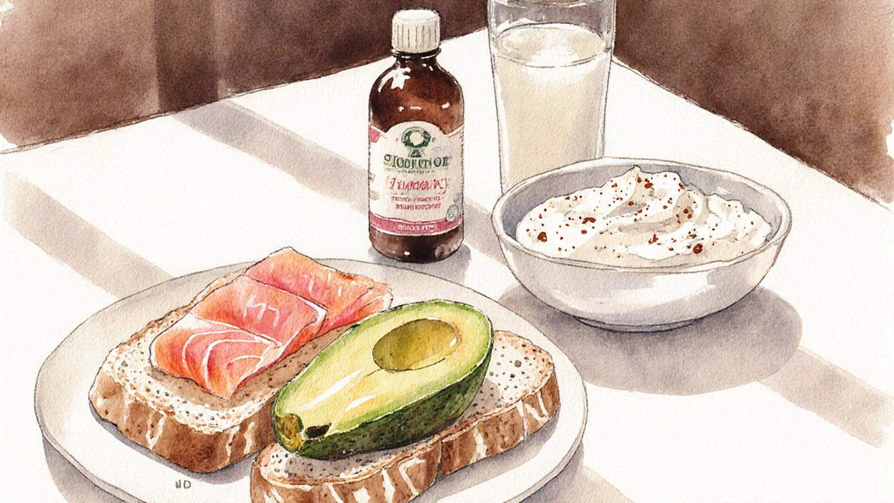 Stůl s avokádovým toastem, lososem, jogurtem a kefírem, vedle lahvičky vitamínu D v teplých tónech.