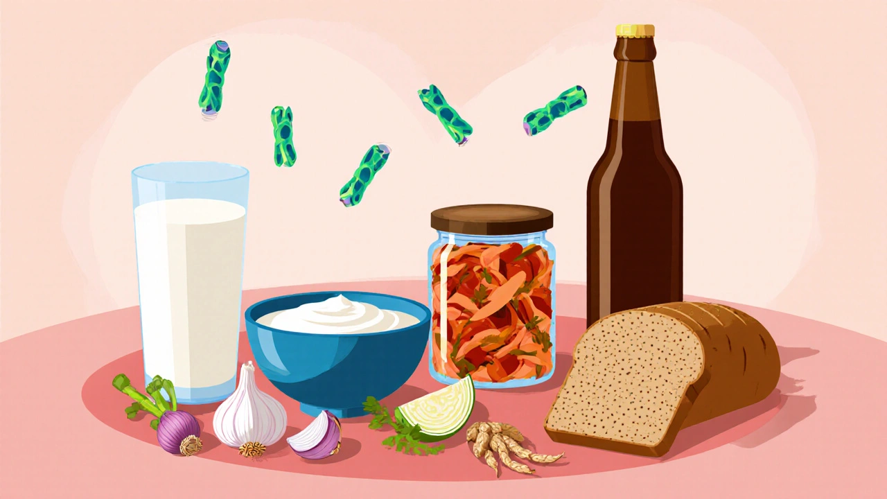 Talíř s kefírem, jogurtem, kimchi, kombuchou a česnekem zobrazuje probiotika a prebiotika.