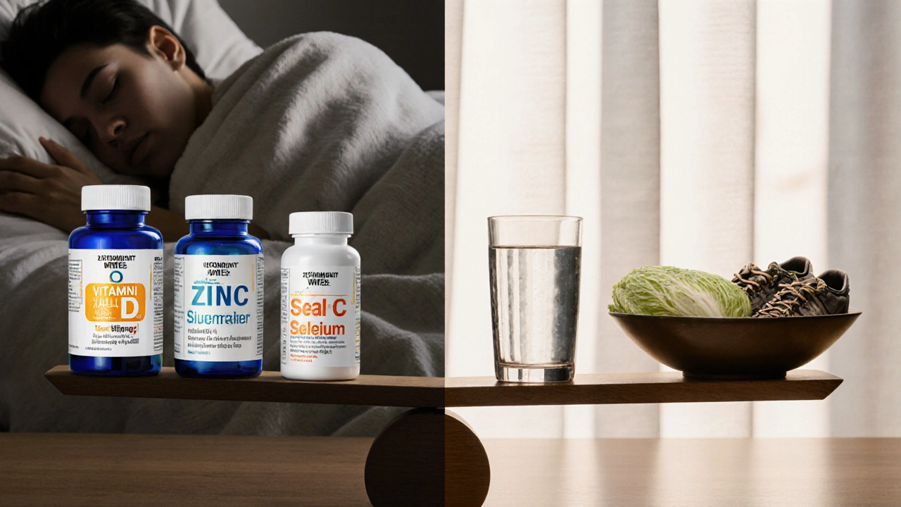 Váha s pěti doplňky a symboly zdravého životního stylu: spánek, voda, procházka a kysané zelí.