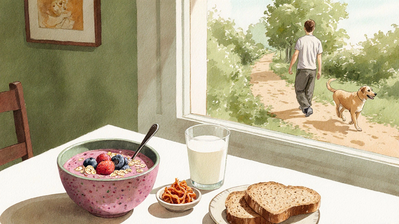Vodařská scéna snídaně se smoothie, kefírem, kimchi a procházkou venku.