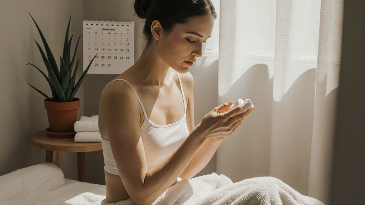 Žena po ošetření hydratuje kůži, obklopena aloe a sluneční clonu.