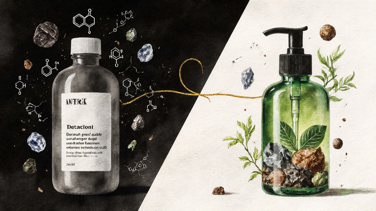 Dvě části obrazu: syntetická kosmetika vs. přírodní ingredience v přírodních tonech