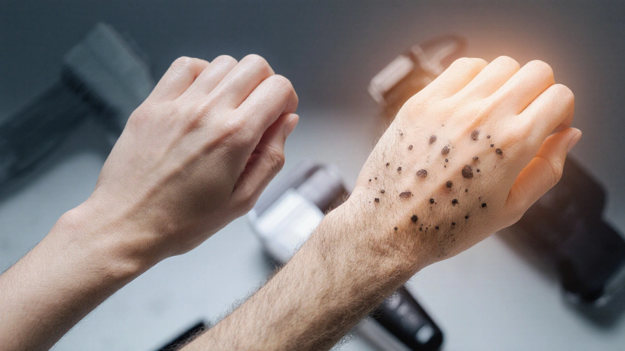 Dvě ruce: jedna hladká po epilaci, druhá s viditelnými vlasovými tečkami.