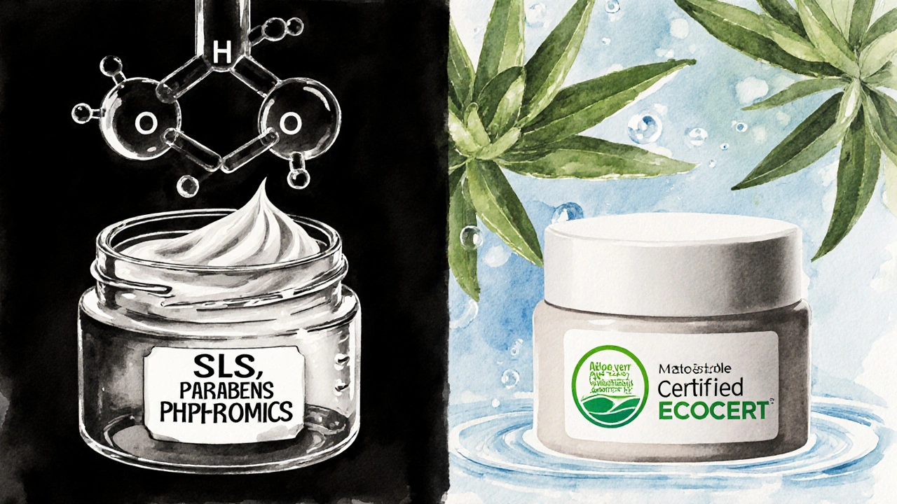 Dvě strany: jedna s chemickými látkami, druhá s přírodními ingrediencemi.