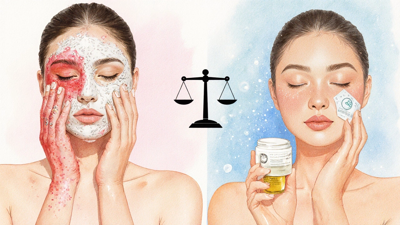 Dvě strany péče o pleť: agresivní čištění vs. jemná hydratace s rovnováhou.