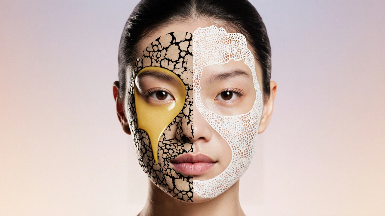 Ilustrace čtyř typů pleti s symbolickými texturami: suchá, mastná, kombinovaná a citlivá.