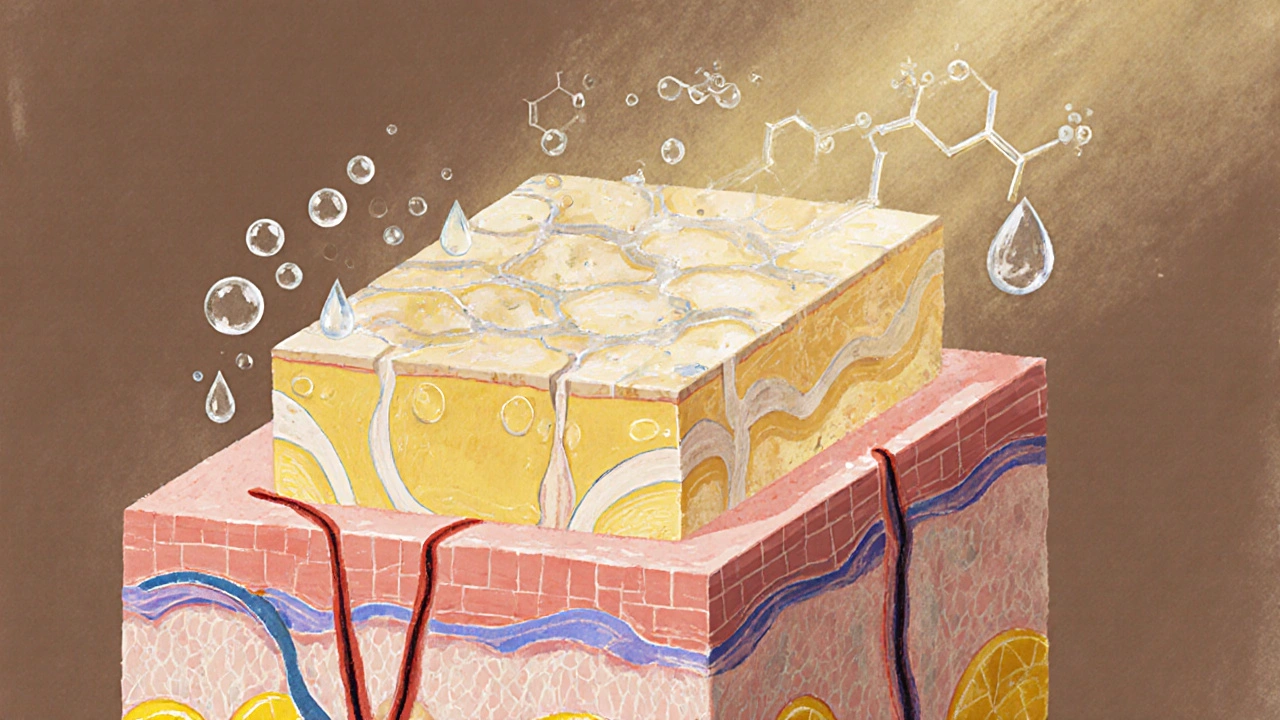 Ilustrace lipidové bariéry kůže s ceramidy a vlhkostí.