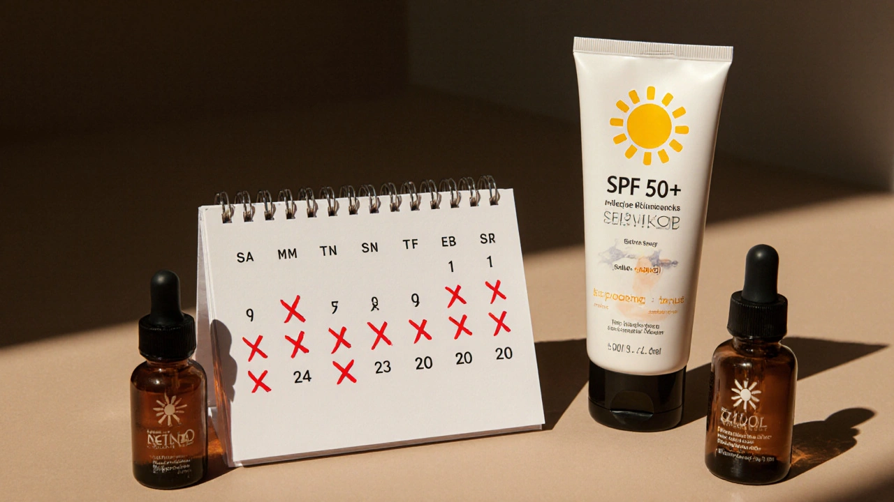Kalendář s denními značkami používání retinolu a ochrany před sluncem.
