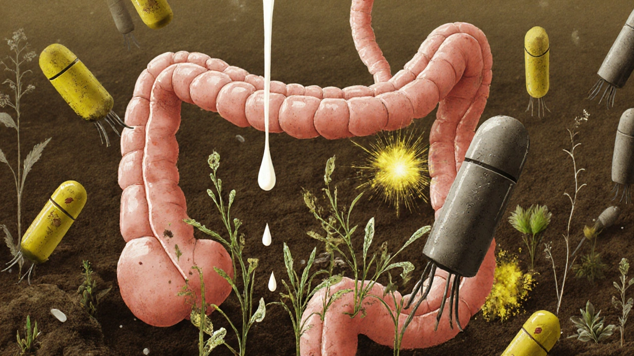 Koncepční obrázek střev jako zahrady, kde mléko ničí dobré bakterie a antibiotika zničují půdu.