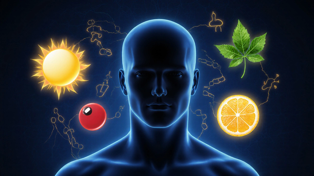 Kontur člověka s vykreslenými vitamíny kolem těla, symbolizující únavu a imunitu.