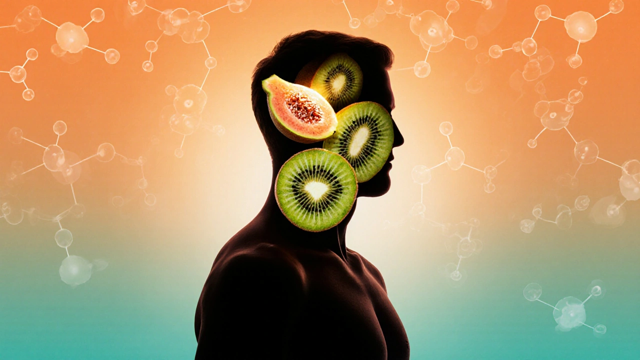 Kontur člověka vyplněná kousky guavy a kiwi