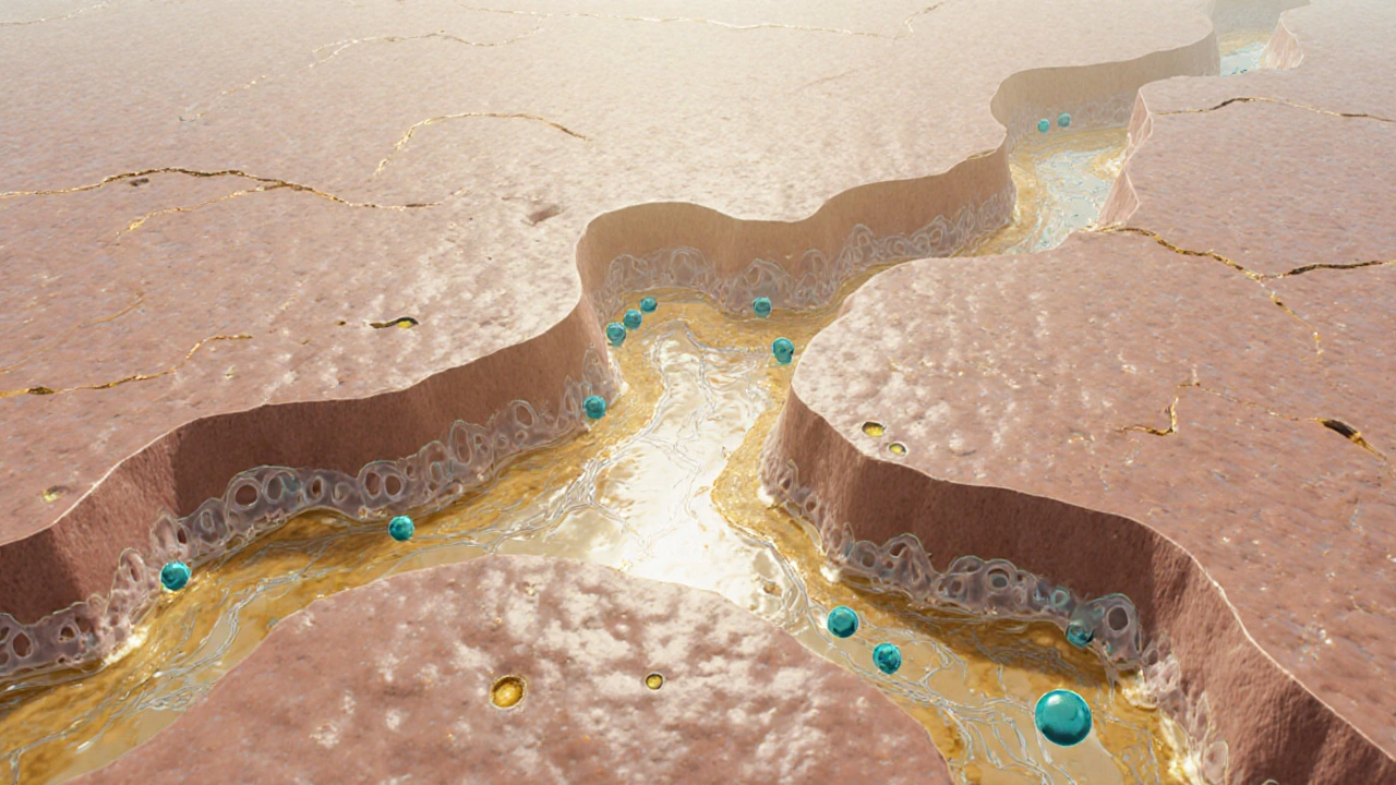 Kůže jako krajina s póry a molekulami čisticích látek, symbolizující obnovu.