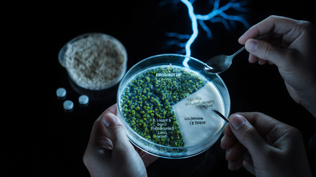 Laboratorní petri nádoba s různými koloniemi bakterií pod vlivem různých potravin.