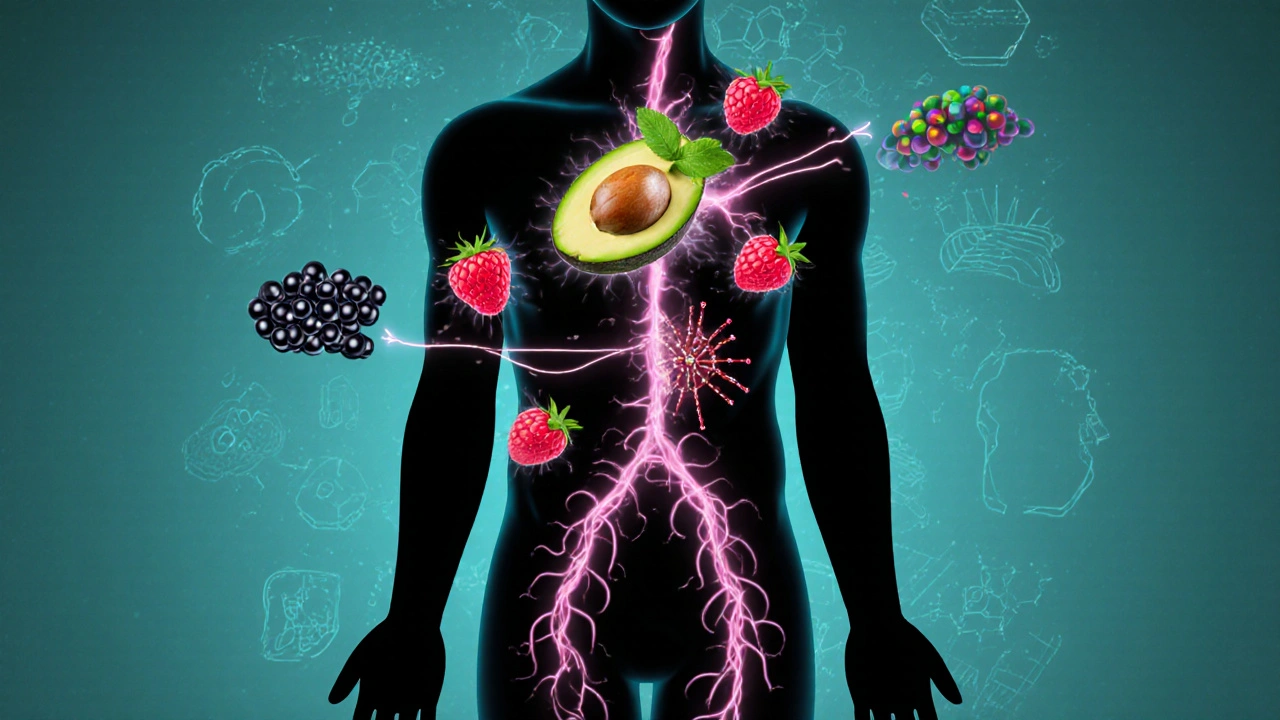 Lidský silueta s proudy vitamínů a vlákniny z ovoce napájejících mozek a srdce.