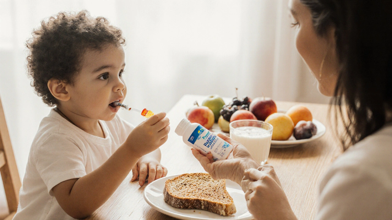 Matka podává dítěti probiotickou žvýkačku k snídani s jogurtem a ovoce.