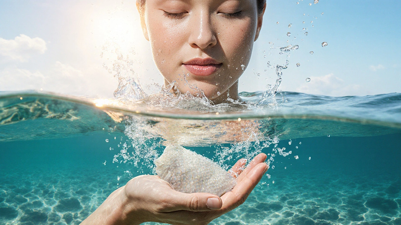 Mořské šupinky se mění v kolagen, který obnovuje kůži, slunce a voda symbolizují přírodní regeneraci.