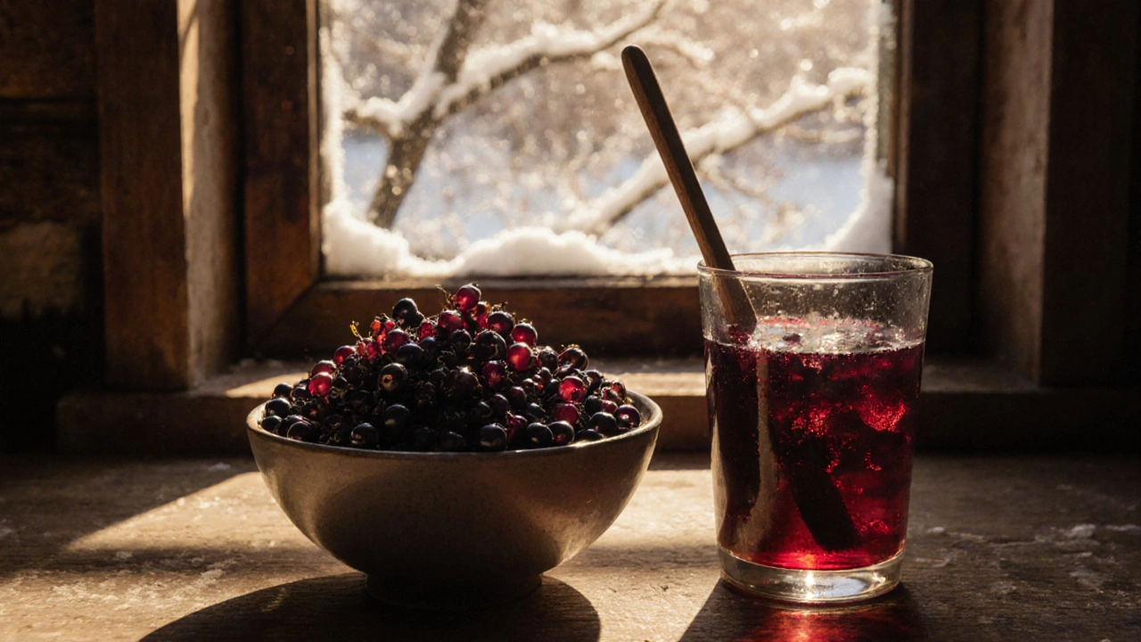 Nádoba černých rybízů s domácím sirupem v české kuchyni.