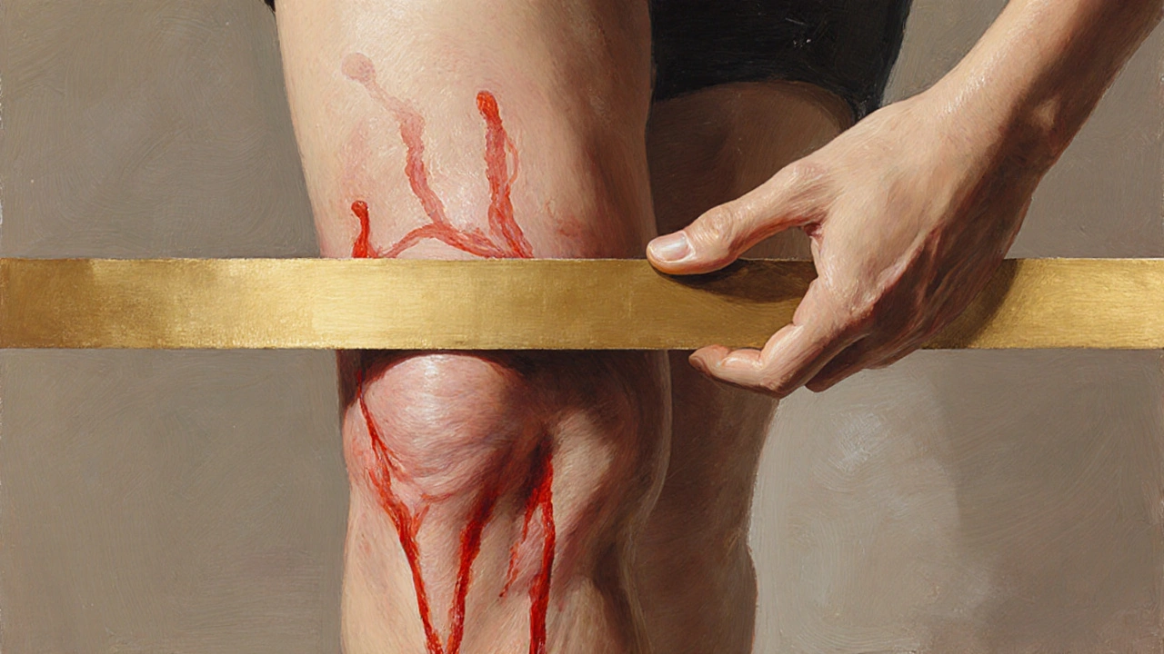 Nohou s varikózami, tlak jen nad koleno, červené žíly s ochrannou hranicí.