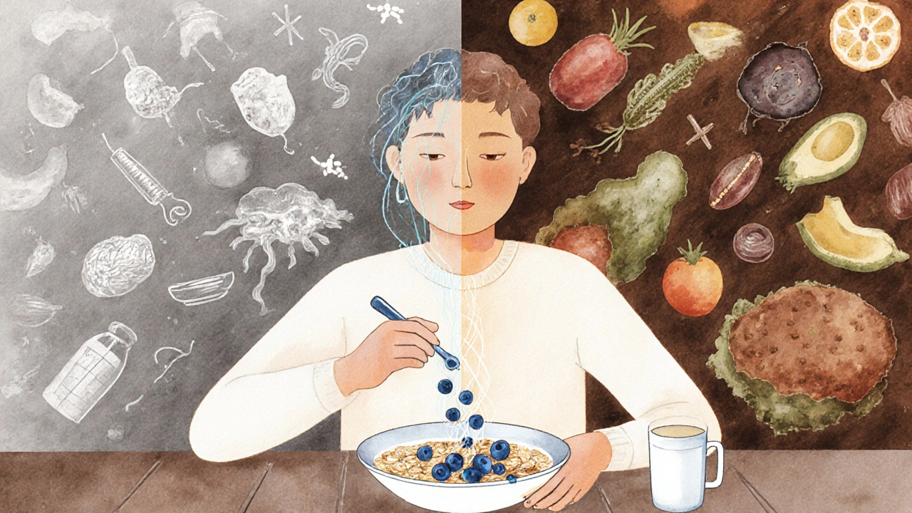 Osoba jí snídani s kefírem a borůvkami, zatímco mikroby spojují střevo s mozkem.