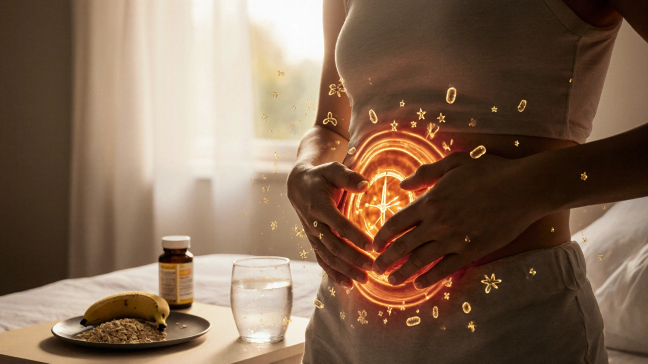 Osoba provádí jemnou masáž břicha ráno, kolem ní se vznášejí mikroby, na pozadí voda a ovesné vločky.