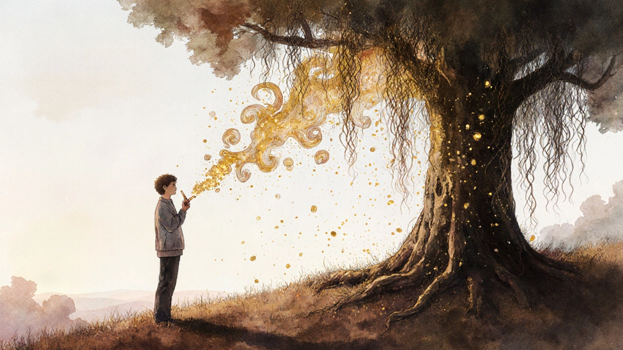 Osoba u lesa, kde se hašící cigareta mění v prach, který se rozptýlí do přírody.