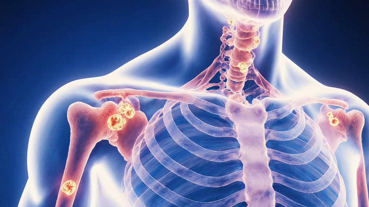 Průhledný lidský trup s nepravidelnými červenými shluky buněk v lymfatických uzlinách.