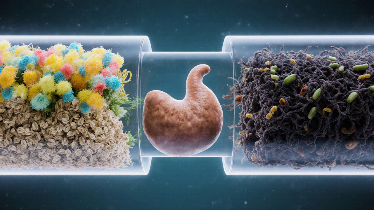 Průhledný model střeva s rovnováhou prospěšných a škodlivých bakterií, podporovaných prebiotiky a vlákninou.