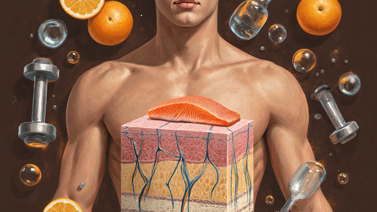 Průřez těla s viditelnými kolagenovými vlákny a symboly výživy.