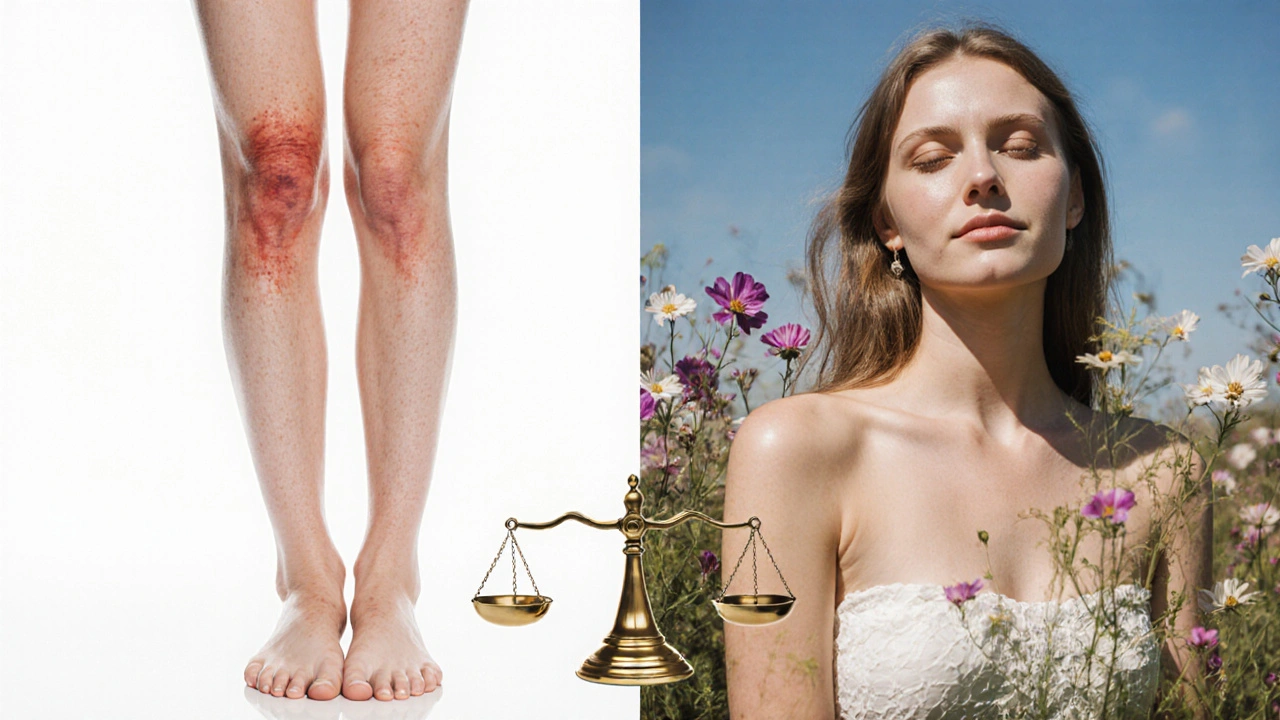 Rozdělený obraz ženy: jedna strana s hladkou, podrážděnou pokožkou, druhá s přirozenými vlasy a květinami.