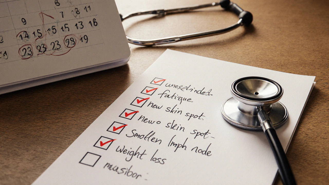 Ručně psaný seznam příznaků rakoviny s červenými zaškrtnutými body na dřevěné tabuli.