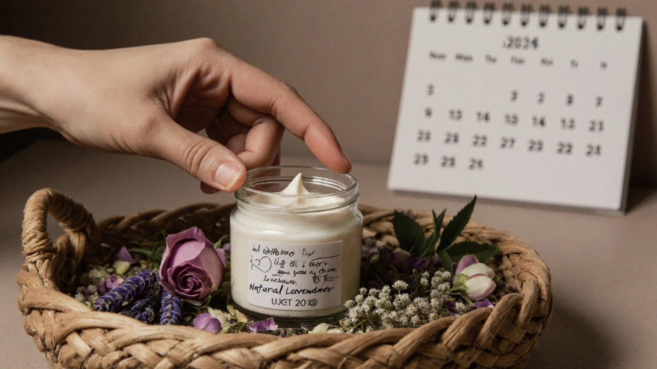 Ruka ukládá přírodní krém do koše s bylinkami a ručně označeným datem