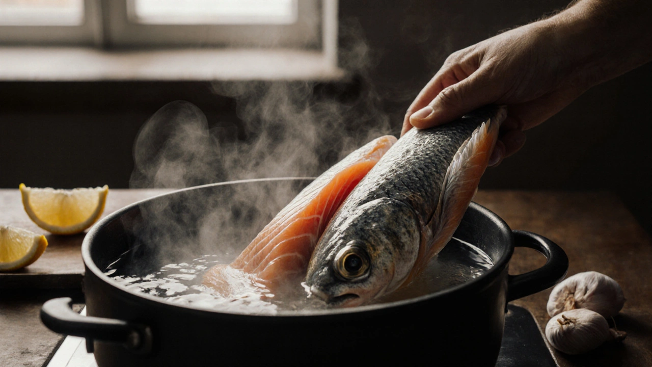 Rybí hlavy a kůže připravované k vaření v hrnci s citronem.