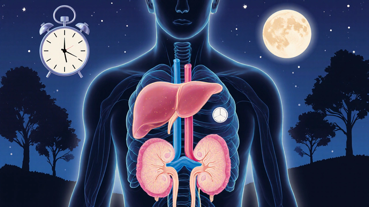 Silueta lidského těla s přehledem játer a ledvin, které filtrují hormony do světlých proudů.