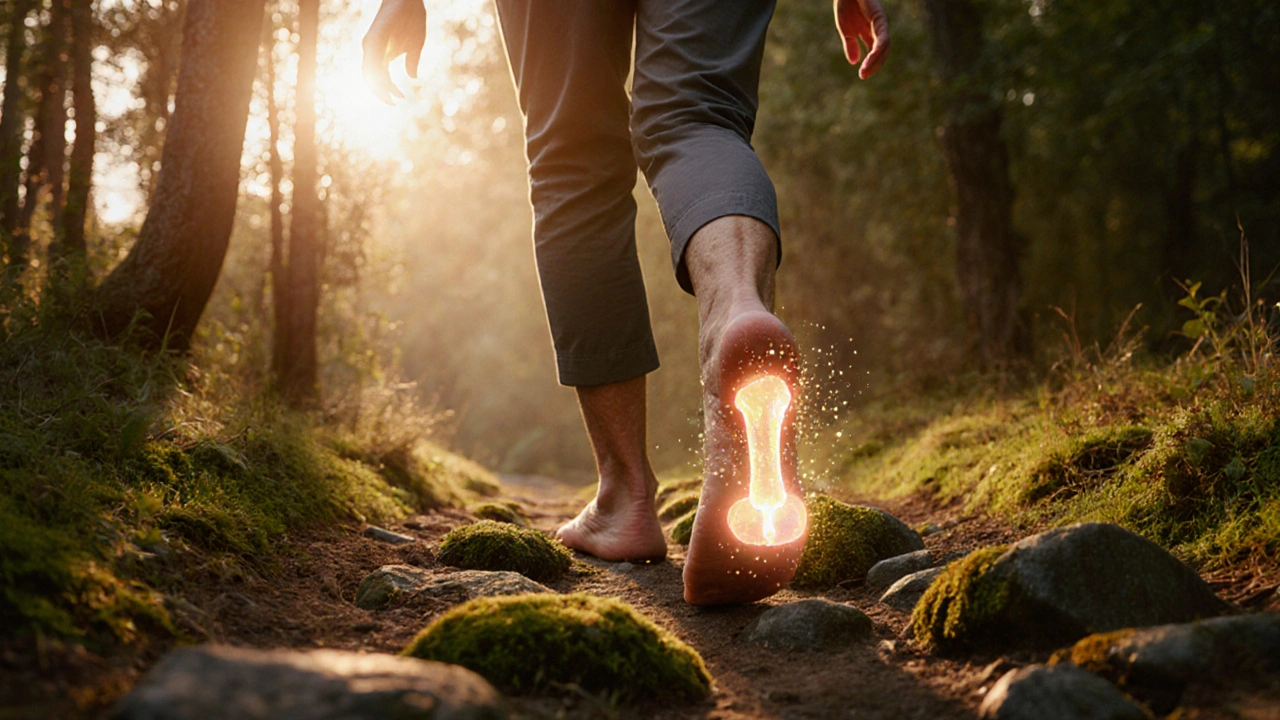 Starší člověk chodí po lesní cestě večer, symbolizující obnovu pohyblivosti bez bolesti.