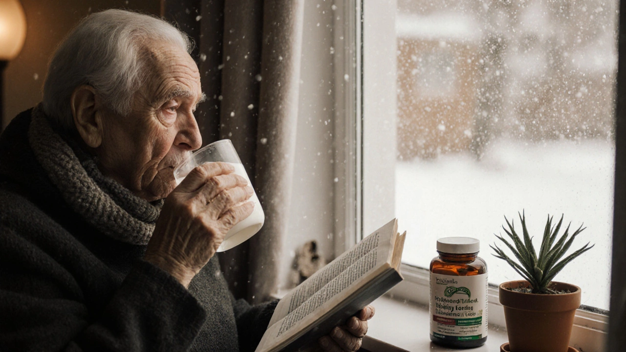 Starší osoba pije kefír v zimním prostředí s probiotiky na windowsill.