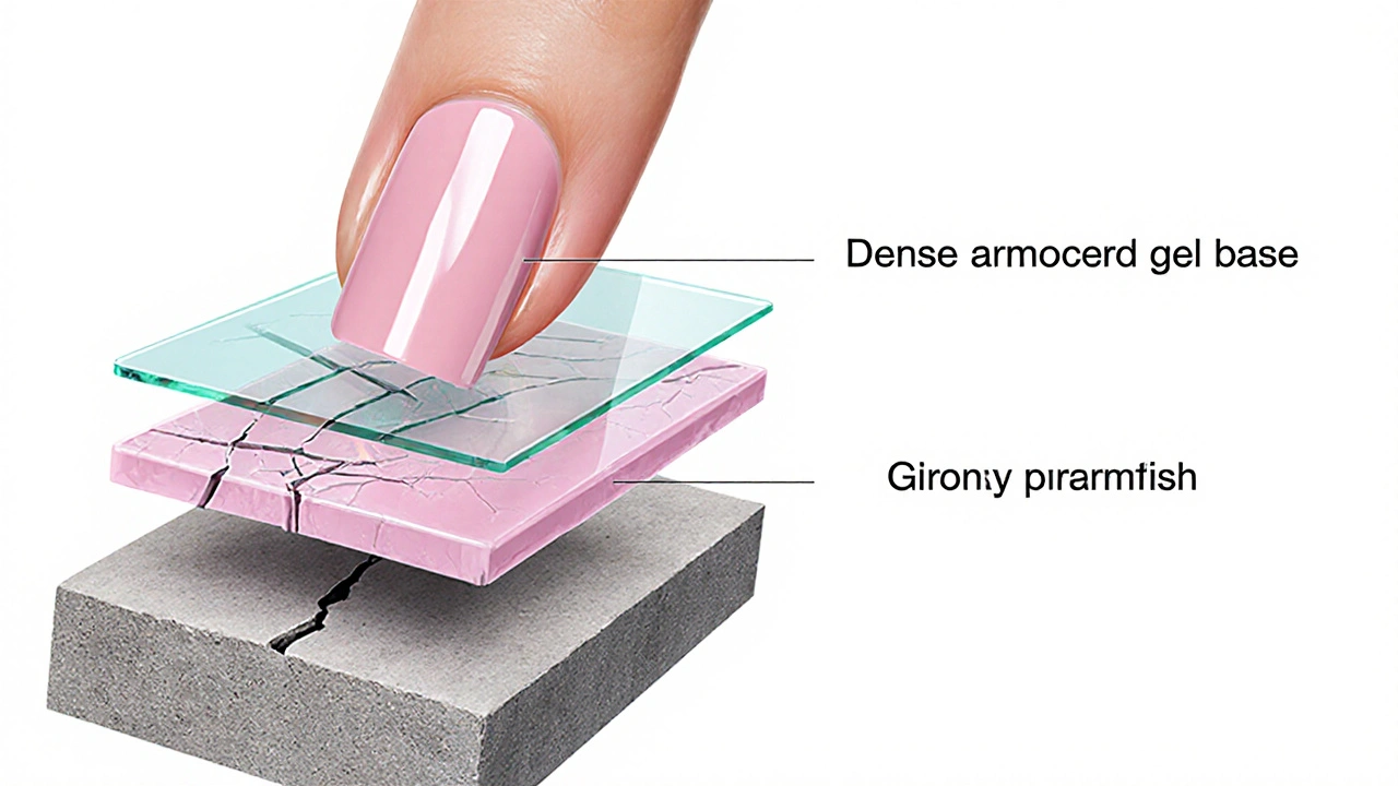 Struktura nehtu: pevný gelový základ pod tenkou, lesklou vrstvou gel laku, s poškozením při použití gel laku jako základu.