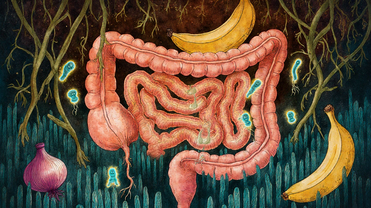 Surreální znázornění střev jako zahrady s probiotiky a prebiotiky