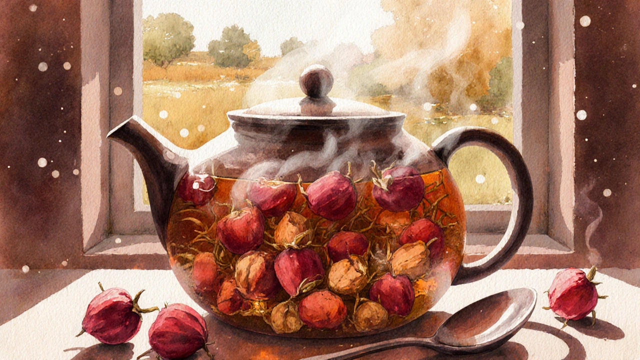 Sušené šípky vařící v hrnčíku s párou