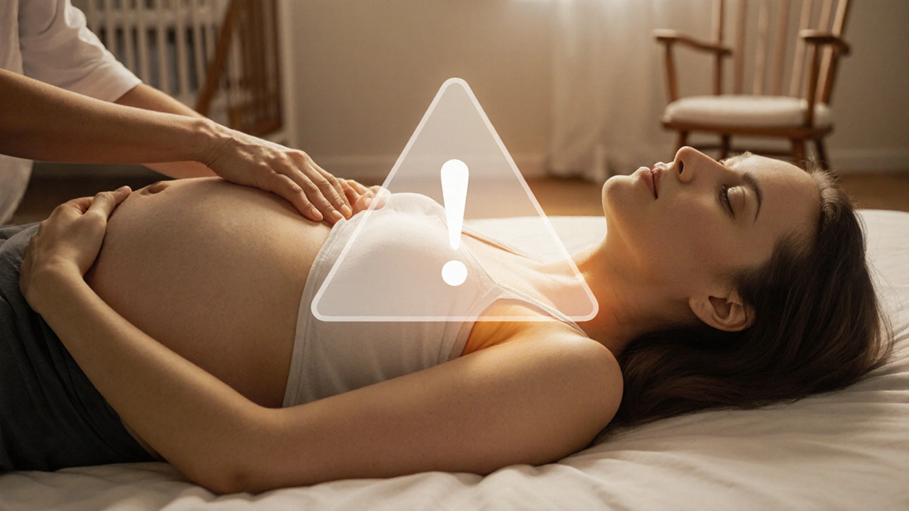 Těhotná žena dostává jemnou masáž paže, varovný symbol nad břichem.